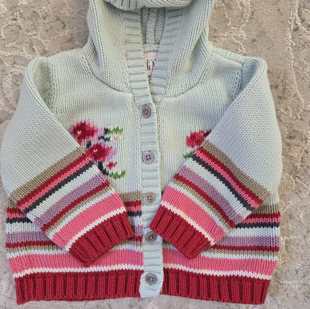 Vintage Y2k Baby Gap Embroidered Knit Hooded Pom Pom Cardigan